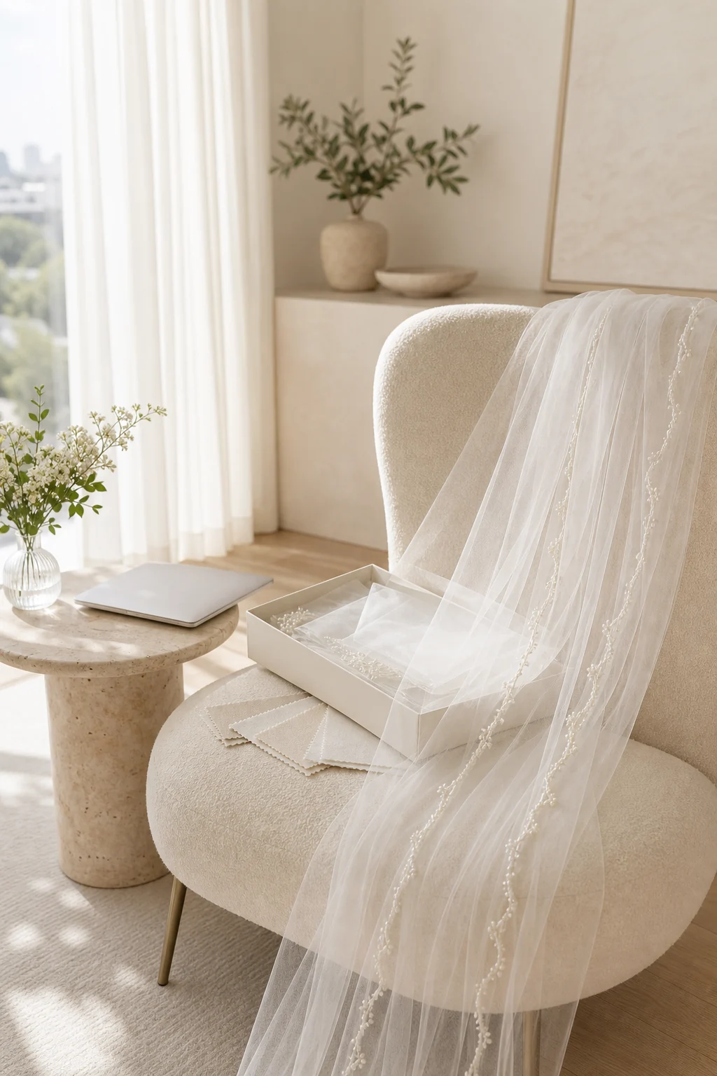 A wedding veil and selection materials arranged on a bright ivory chair