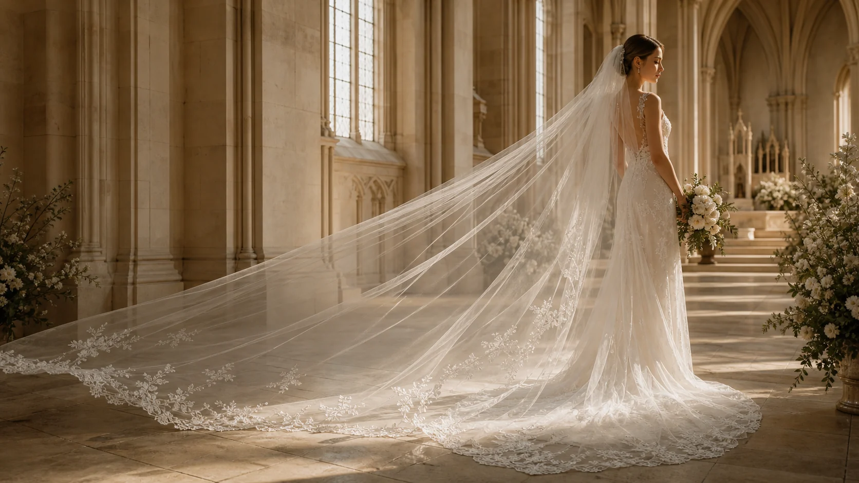 A bride in side profile wearing a long cathedral veil in a warm chapel