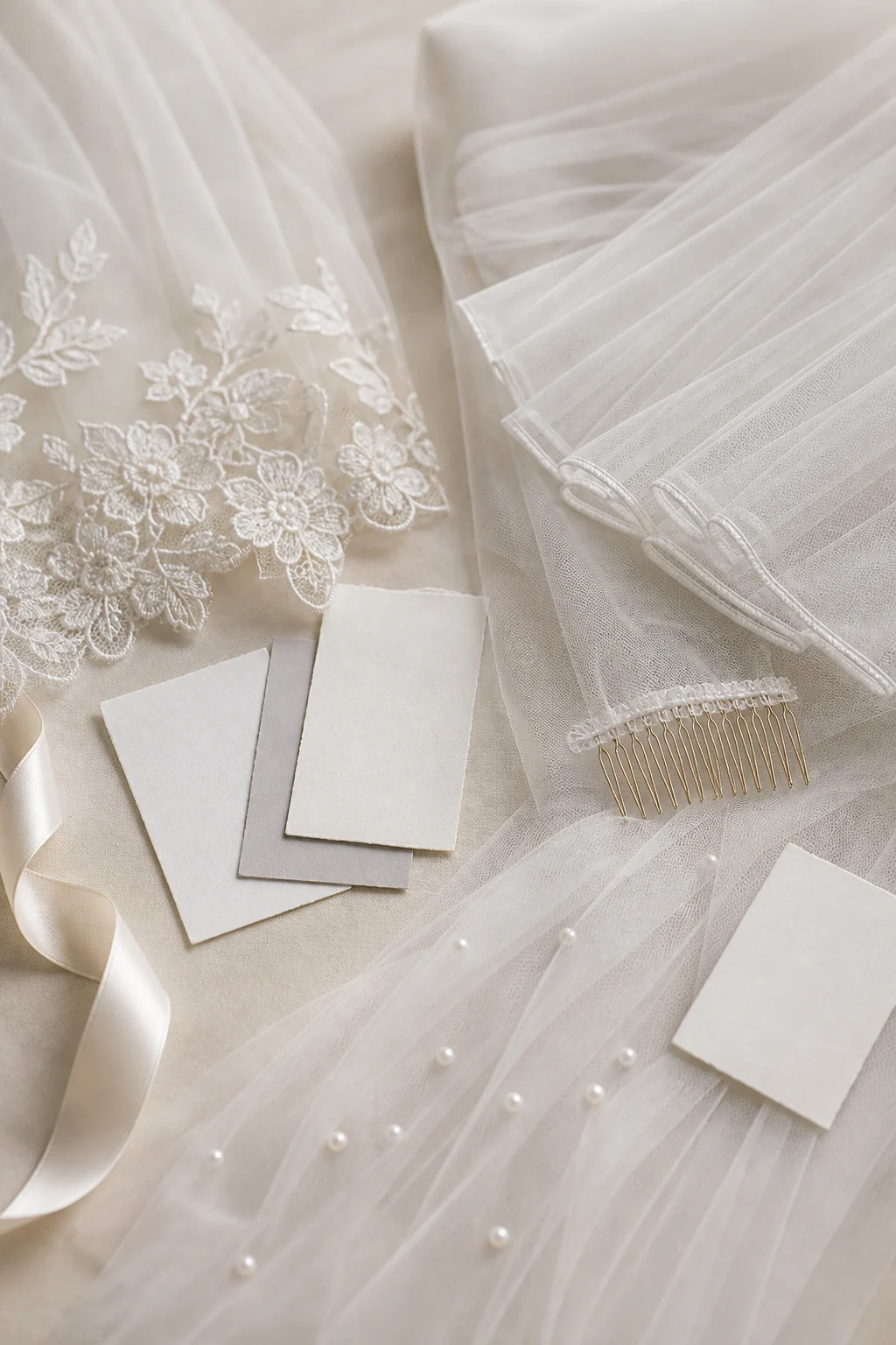 Wedding veil samples with lace, tulle, and pearl details