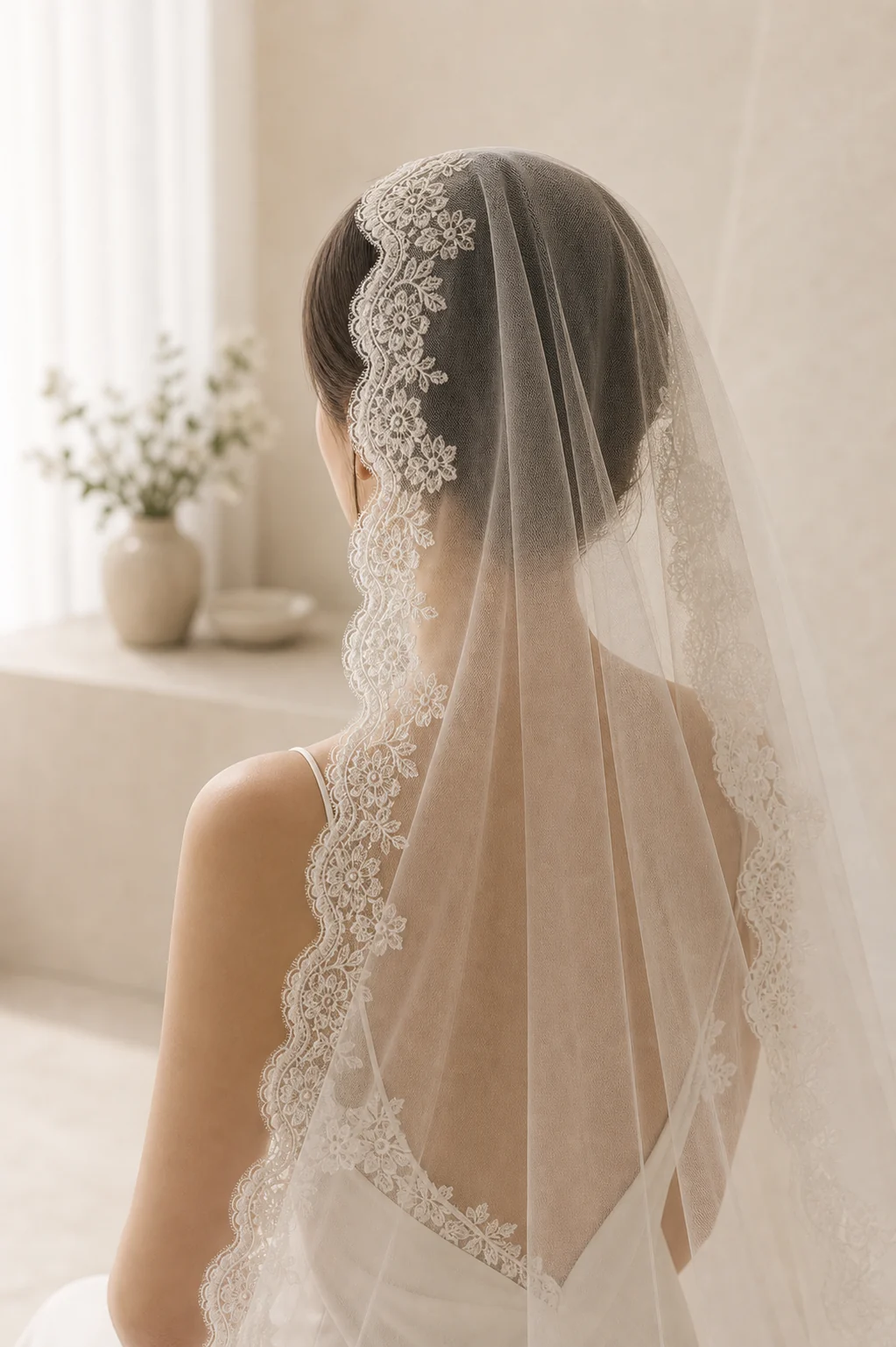 Lace mantilla veil framing the head and shoulders