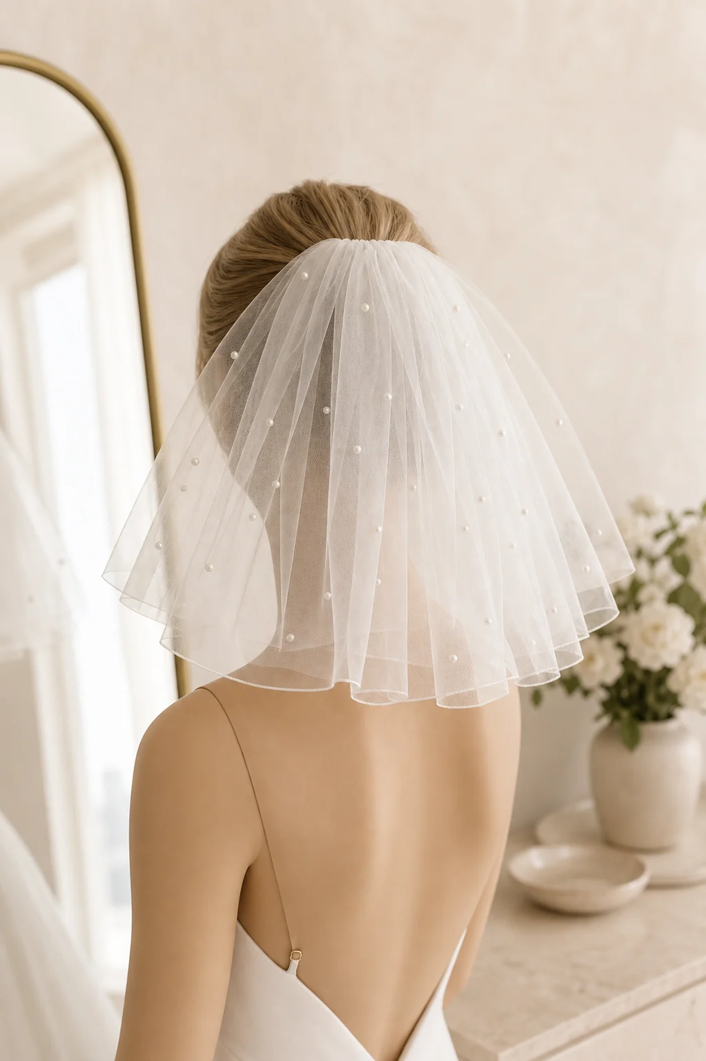 Short pearl puff veil styled for a bridal second look