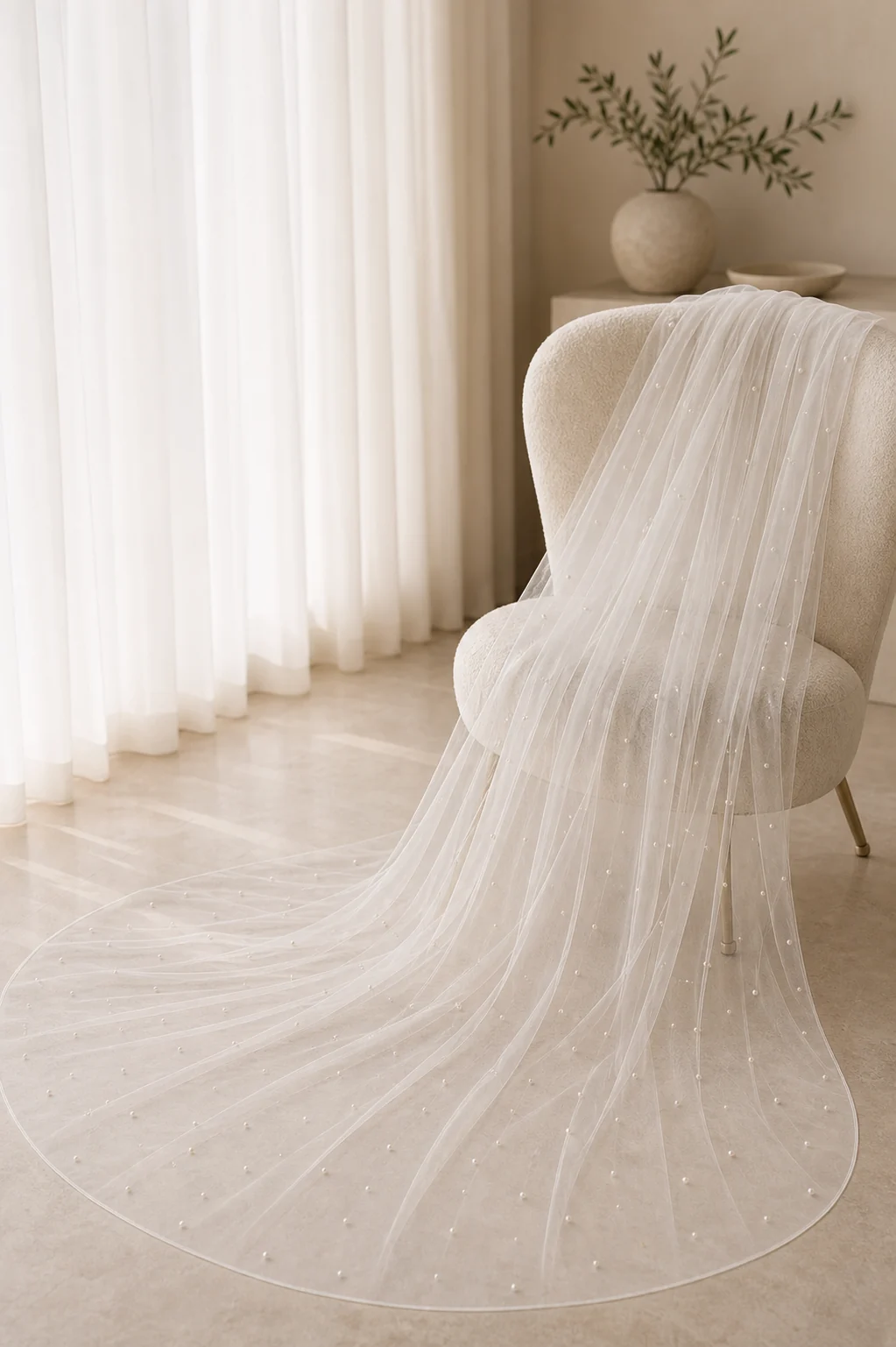 Pearl scatter cathedral veil draped in soft daylight