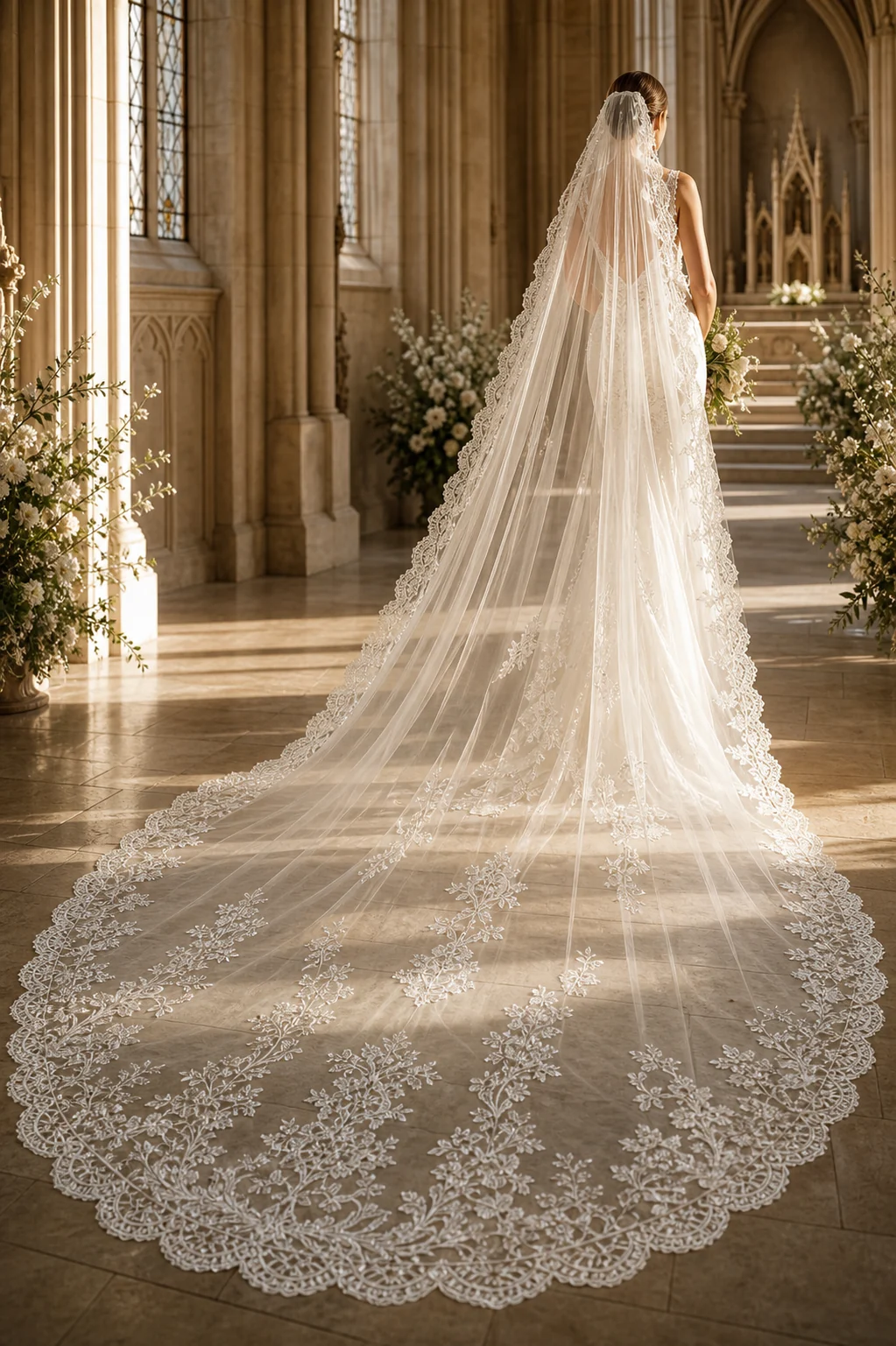 Premium lace cathedral veil trailing across a chapel floor