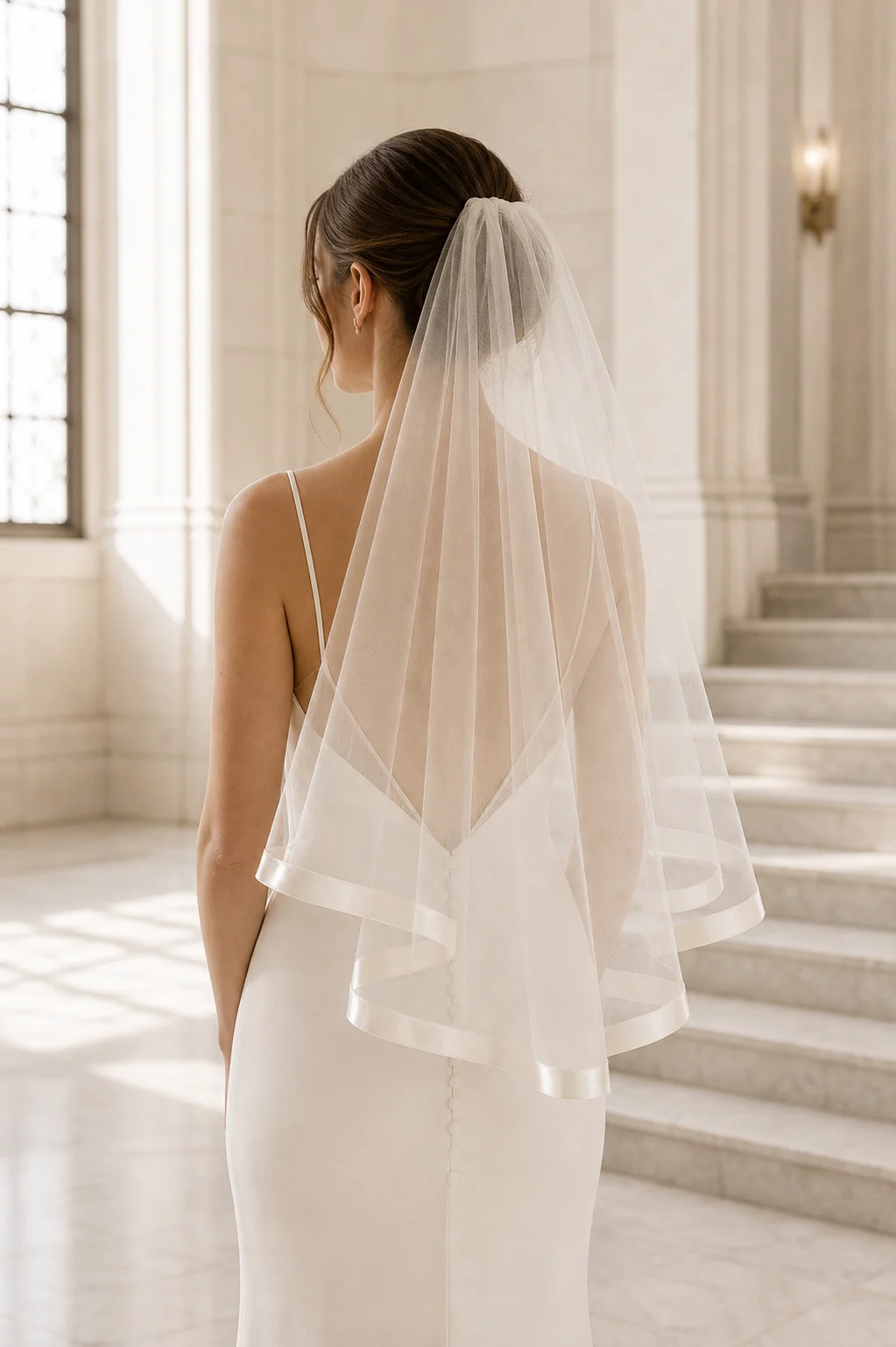 Mid-length veil with a clean satin ribbon edge