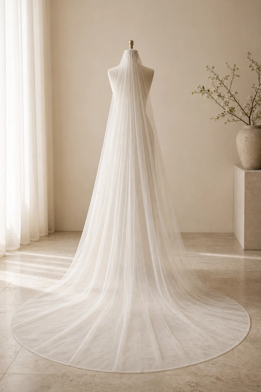 Simple cathedral veil draped in a bright bridal studio